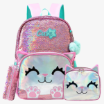 Cute Cat Decorated with Sequin & Hologram And Soft Leather Backpack with Lunch Bag and Pencil Case - 17 Inch