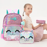 Cute Cat Decorated with Sequin & Hologram And Soft Leather Backpack with Lunch Bag and Pencil Case - 17 Inch - Image 3