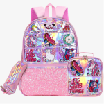 Cute Girls Thing Hologram Decorated with Sequin and Soft Leather Backpack with Lunch Bag and Pencil Case - 17 Inch