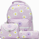 Pause White Flowers & Bright Lavender Backpack with Pencil Case & Lunch Bag - 18 Inch